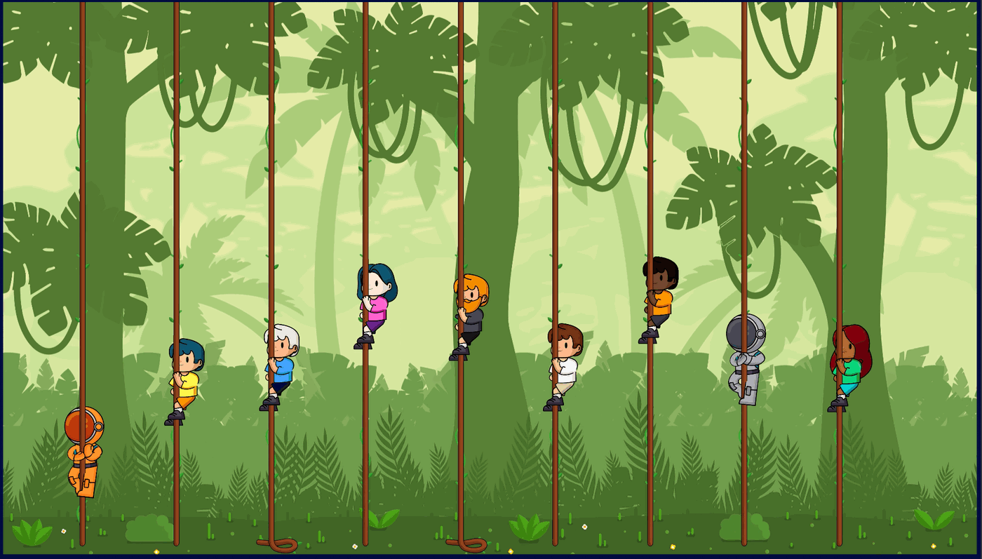 Illustration of cartoon employees racing up jungle vines, representing a Plecto sales contest