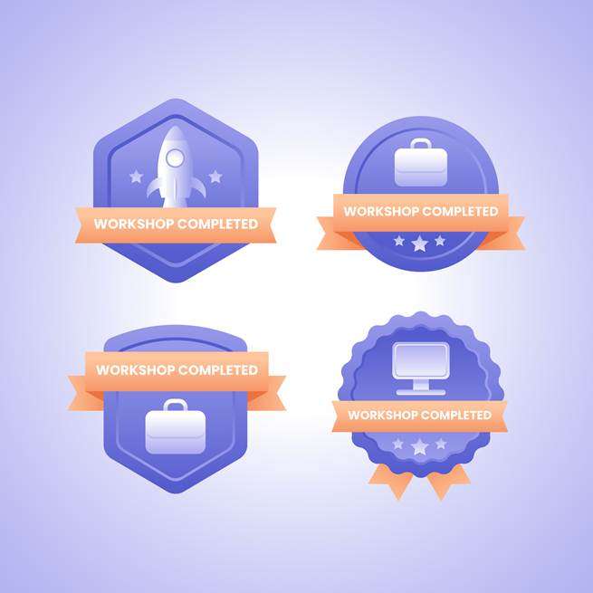 Four purple Workshop Completed achievement badges with rocket, briefcase, and monitor icons