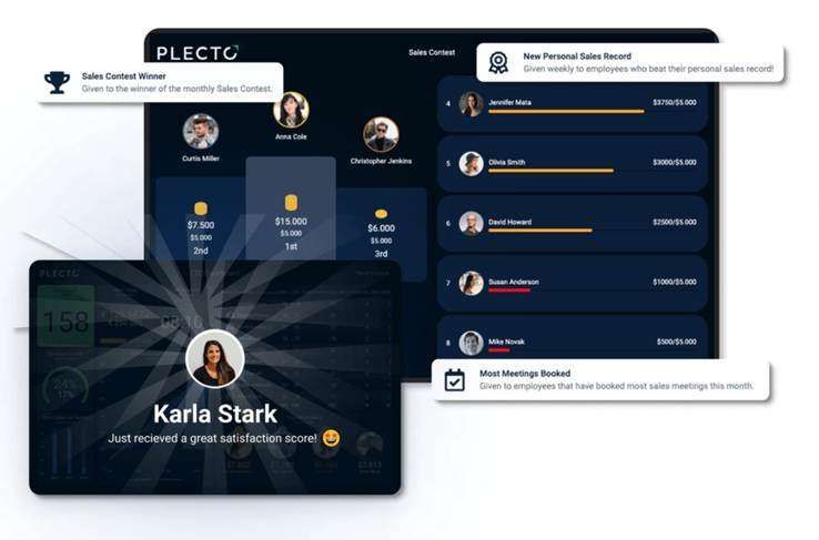 Plecto sales contest wallboard with leaderboard, podium rankings, achievement badges, and a recognition card