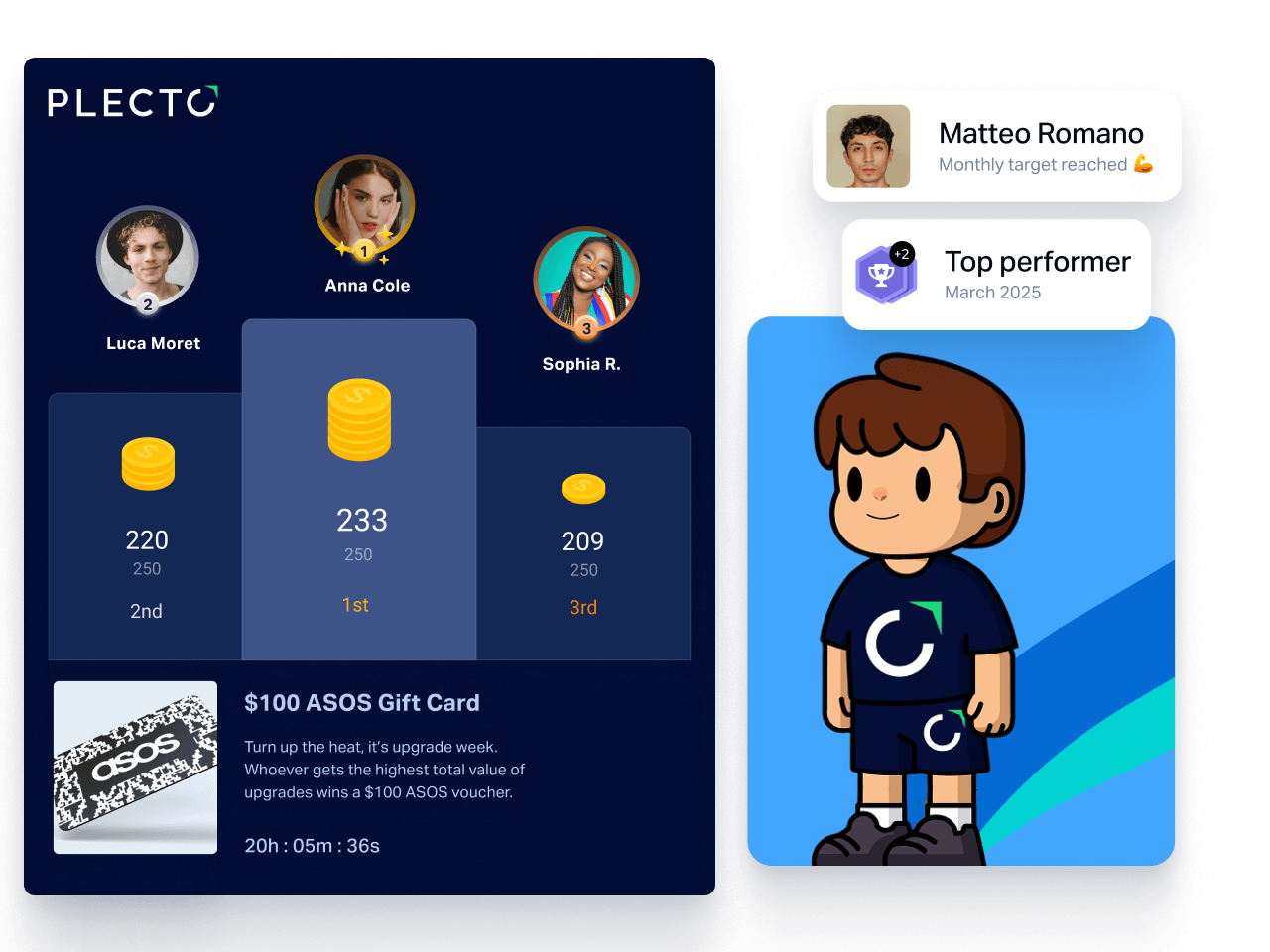 Plecto contest podium, reward store gift card, achievement badge and employee avatar