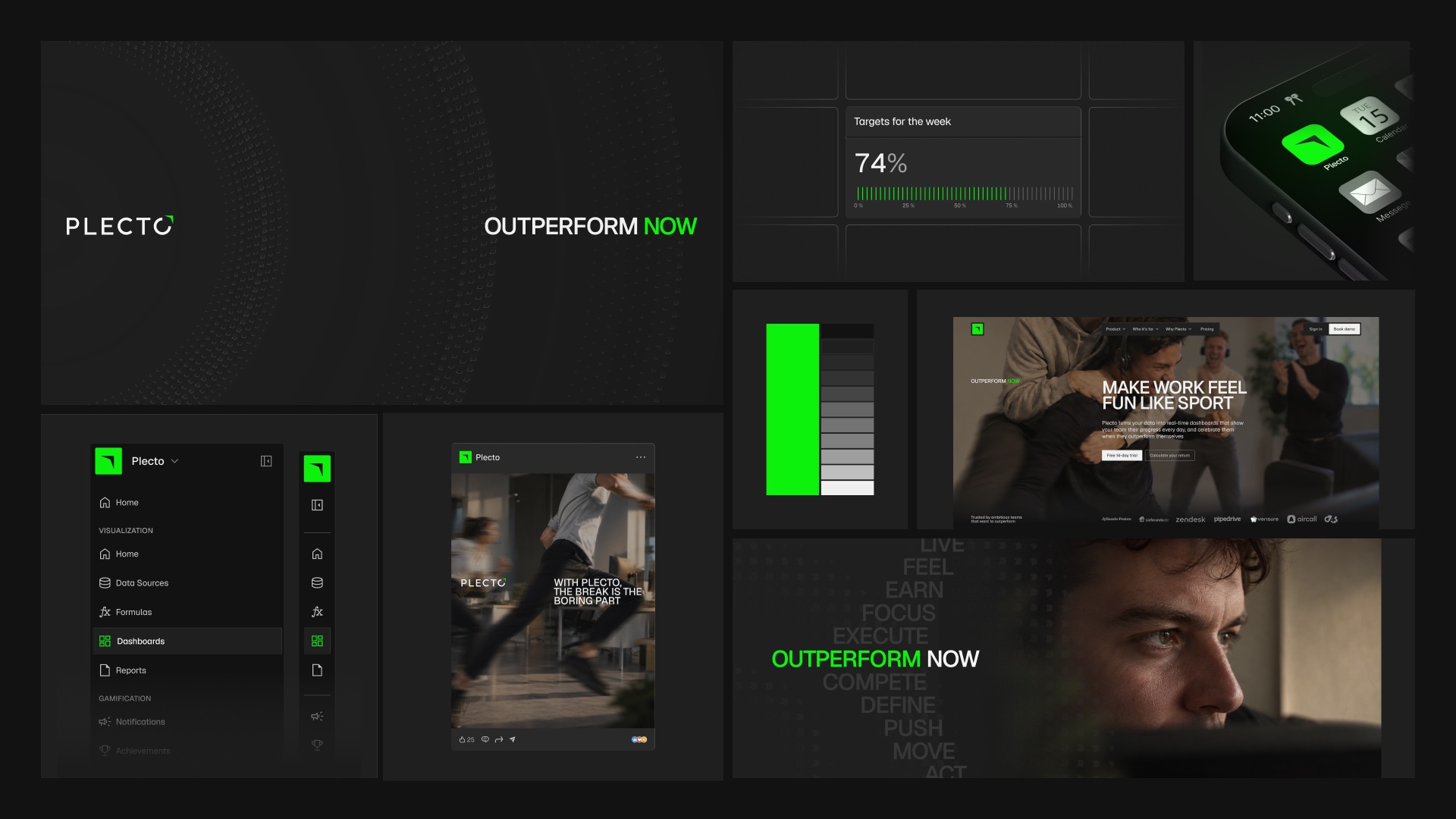 Plecto's new brand: logo, green color palette, product UI and the Outperform Now tagline
