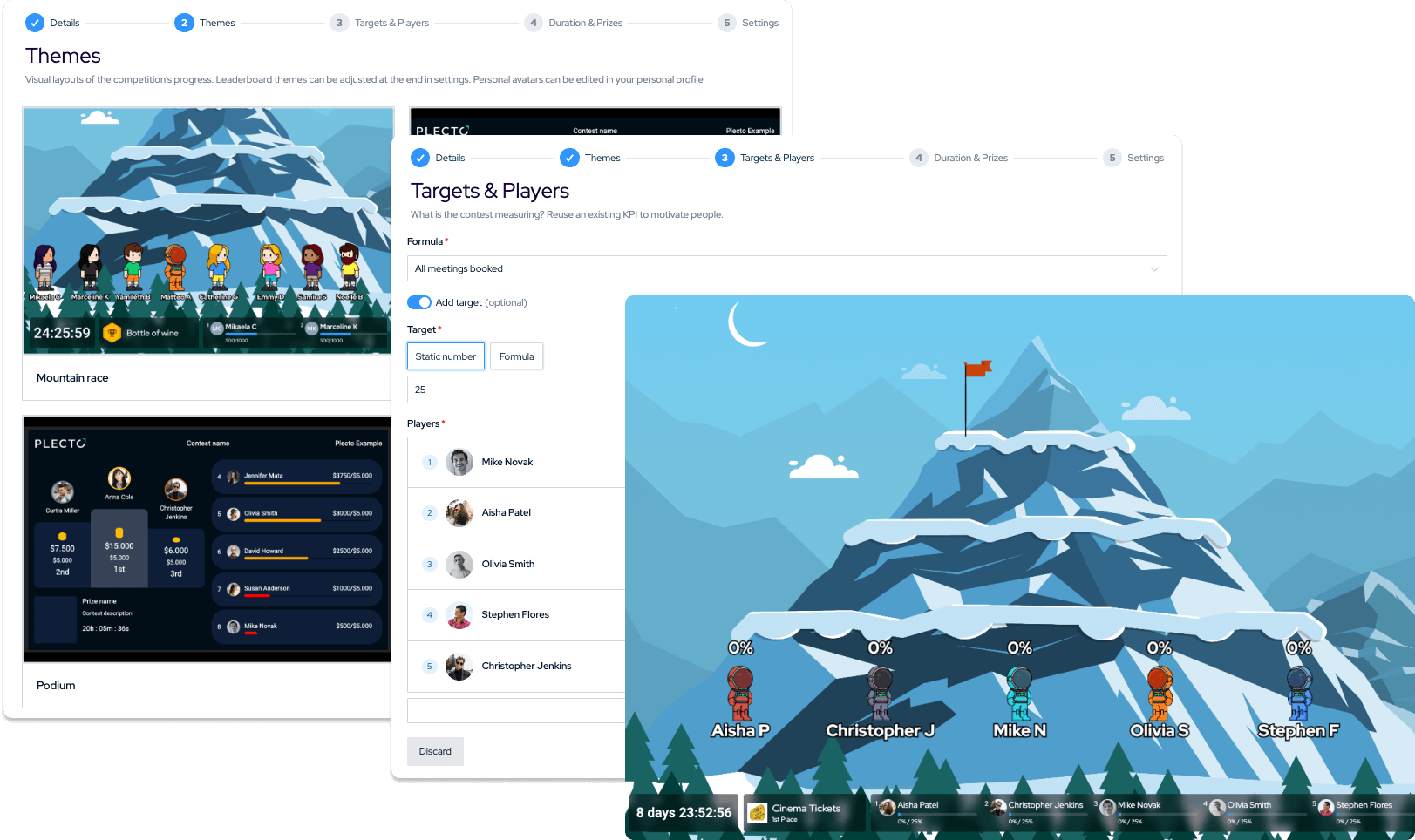 Plecto contest setup flow showing theme selection, targets and players configuration, and a mountain-race leaderboard